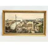 A large oil painting on canvas by Gerald Walby. Northern Irish Harbour. 75x40cm. Frame 85x49.5cm