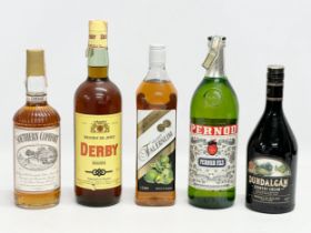 5 bottles of alcohol. Southern Comfort. Derby brandy, Pernod, Dundalgan Country Cream, Velvet