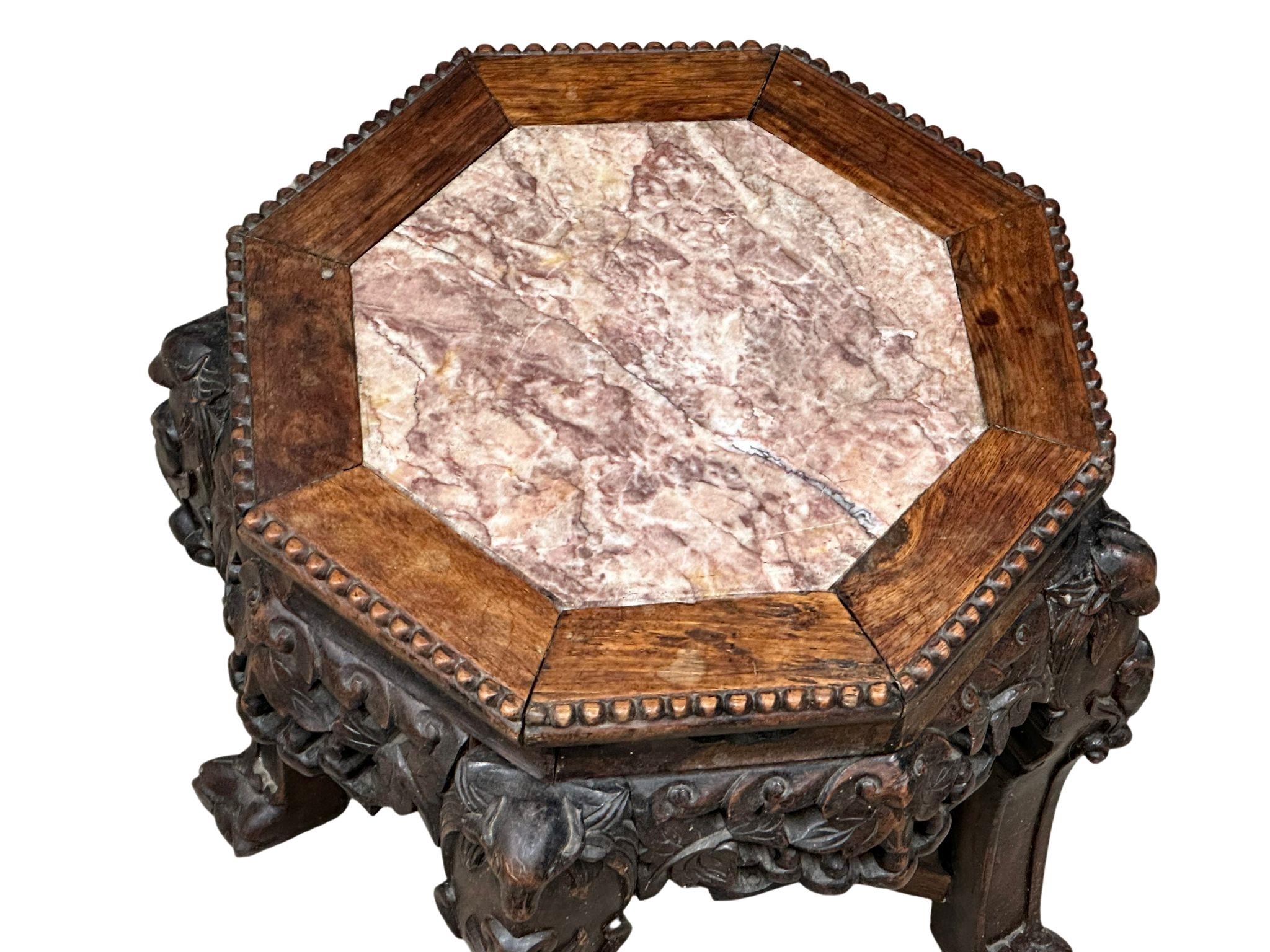 A late 19th century Burmese carved Padauk jardiniere stand/lamp table with marble top. 42x44.5cm - Image 4 of 4