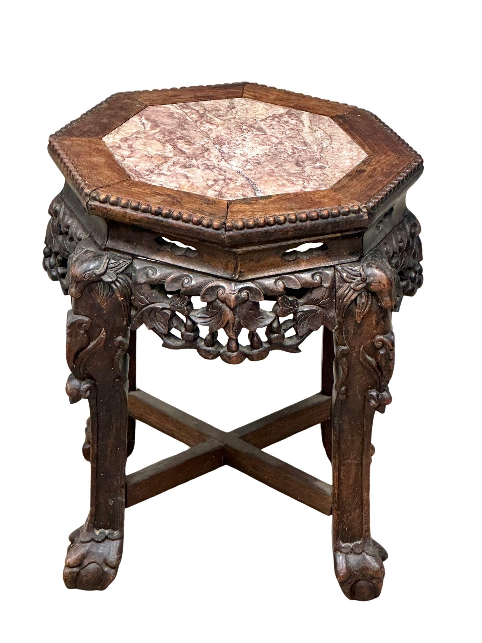 A late 19th century Burmese carved Padauk jardiniere stand/lamp table with marble top. 42x44.5cm - Image 3 of 4