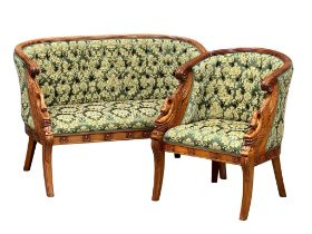A French Empire style carved swan design 2 piece suite. Tub chair and 2 seater sofa. 126cm