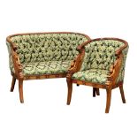 A French Empire style carved swan design 2 piece suite. Tub chair and 2 seater sofa. 126cm