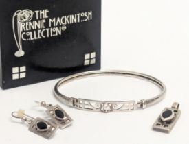 A quantity of Rennie Mackintosh silver, including a bangle, pair of earrings and a pendant. Total