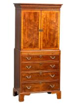 A Georgian style 2pc mahogany cocktail cabinet with satin wood cross banding and brushing slide,