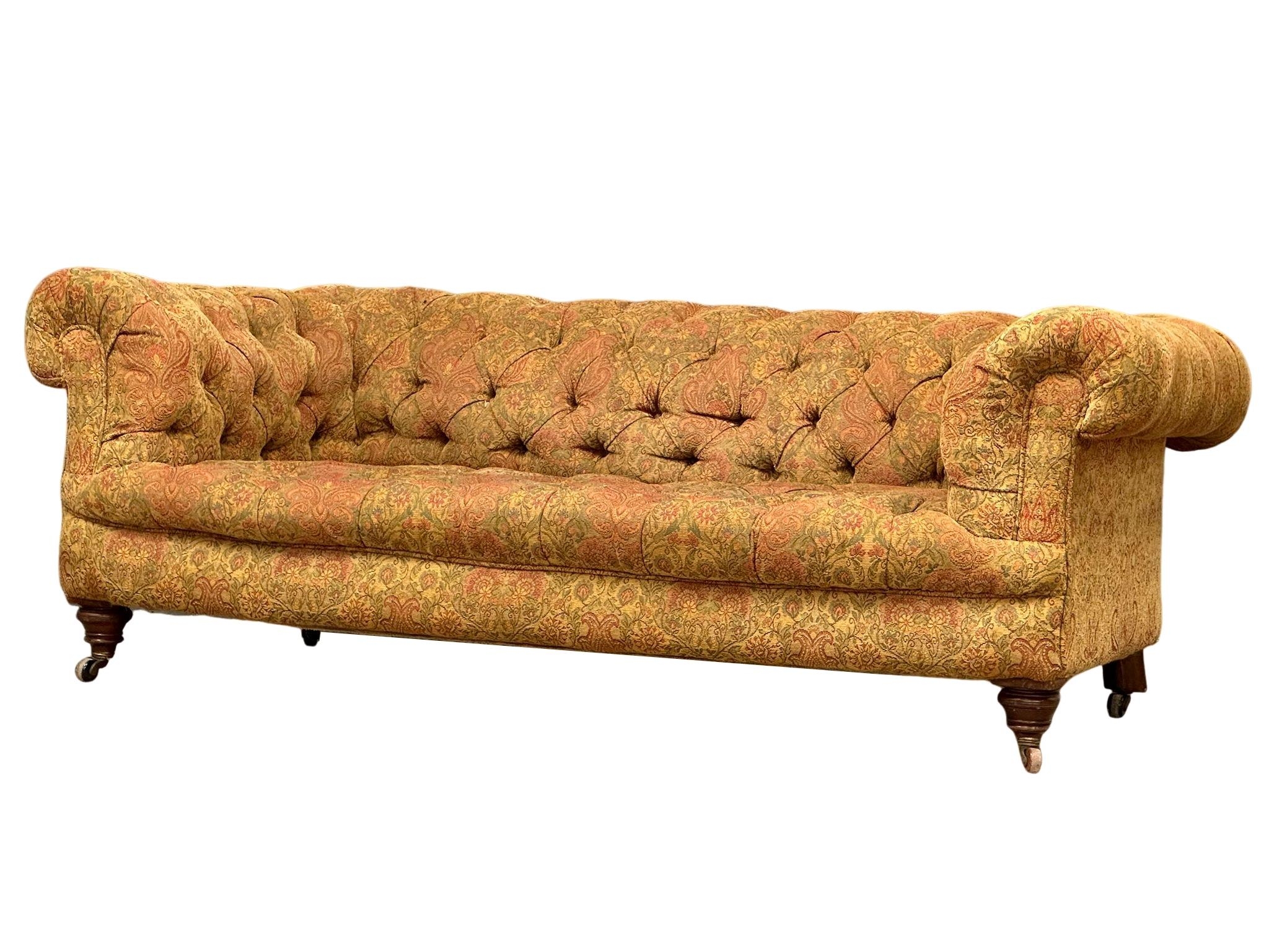 A superb quality large late 19th century Victorian deep button chesterfield sofa, on turned walnut - Image 6 of 6