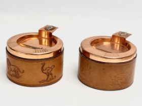 A pair of South African Durban Lines ships copper and leather bound ashtrays. 11.5x13x8cm