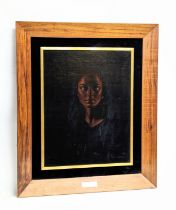 A large signed Mid Century teak framed painting on fabric. Titled "Ruth." 53.5x66cm. Frame 67.5x80cm