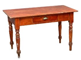 A Victorian painted pine farmhouse kitchen table with drawer. 122cm x 65cm x 76.5cm
