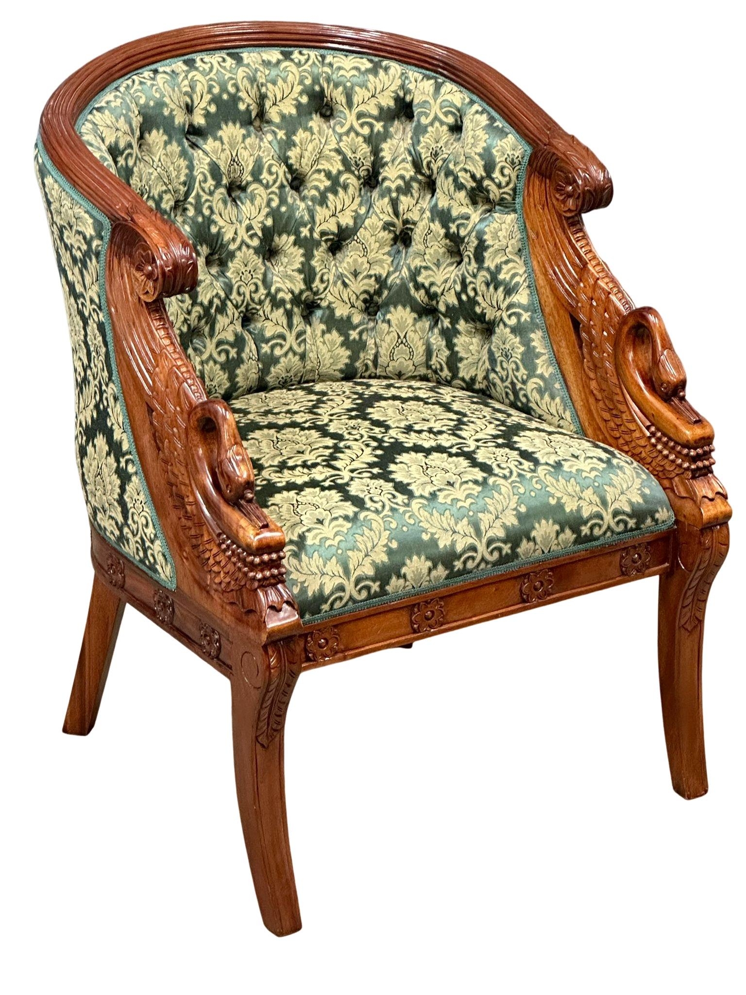 A French Empire style carved swan design 2 piece suite. Tub chair and 2 seater sofa. 126cm - Image 4 of 8