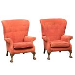 A pair of good quality Chippendale Revival Country House wingback armchairs on Ball & Claw feet.