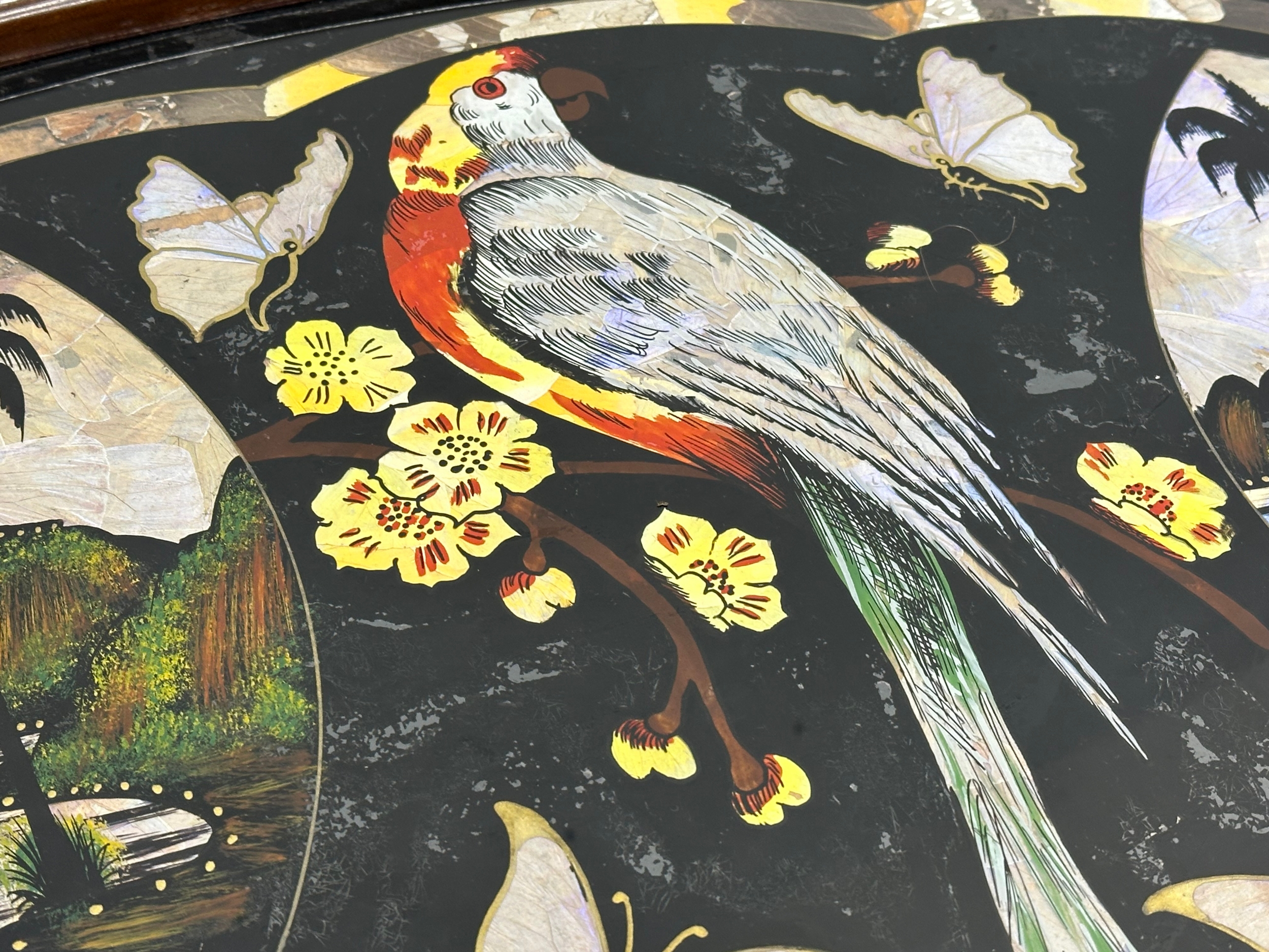 A Mid 20th Century Brazilian serving tray with Mother of Pearl parrot and butterfly design. 70x41cm - Image 5 of 7