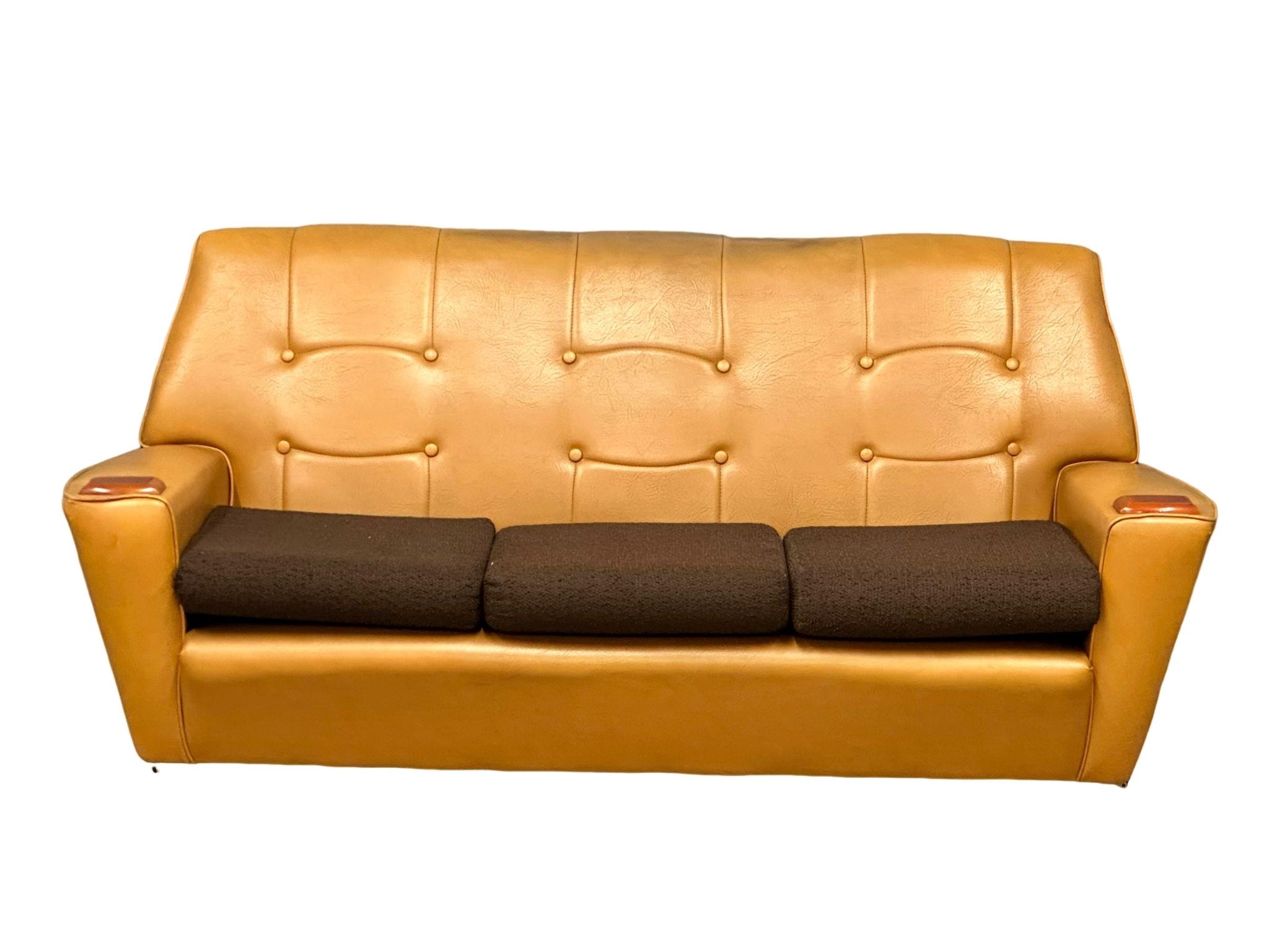 A Mid Century faux leather 3 seater sofa with teak padded arms. 1970’s. 184cm - Image 5 of 6