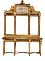 A very large 18th Century style French gilt mirror back console table with marble top, cherub and