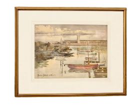 A watercolour by Patric Stevenson. Dated 1937. Boats at the Harbour. 34x24.5cm. Frame 52.5x41cm.