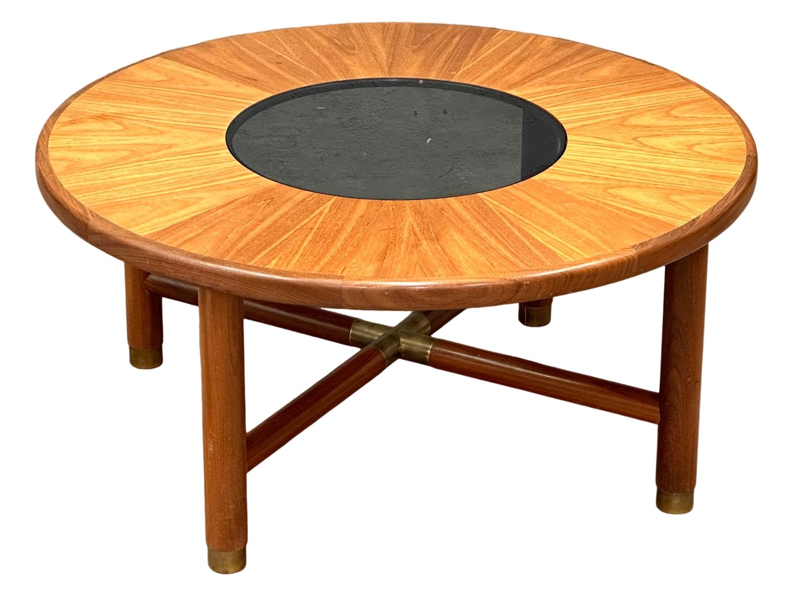 A G-Plan Mid Century teak ‘Sunburst’ coffee table with smoked glass top. 96.5x45cm