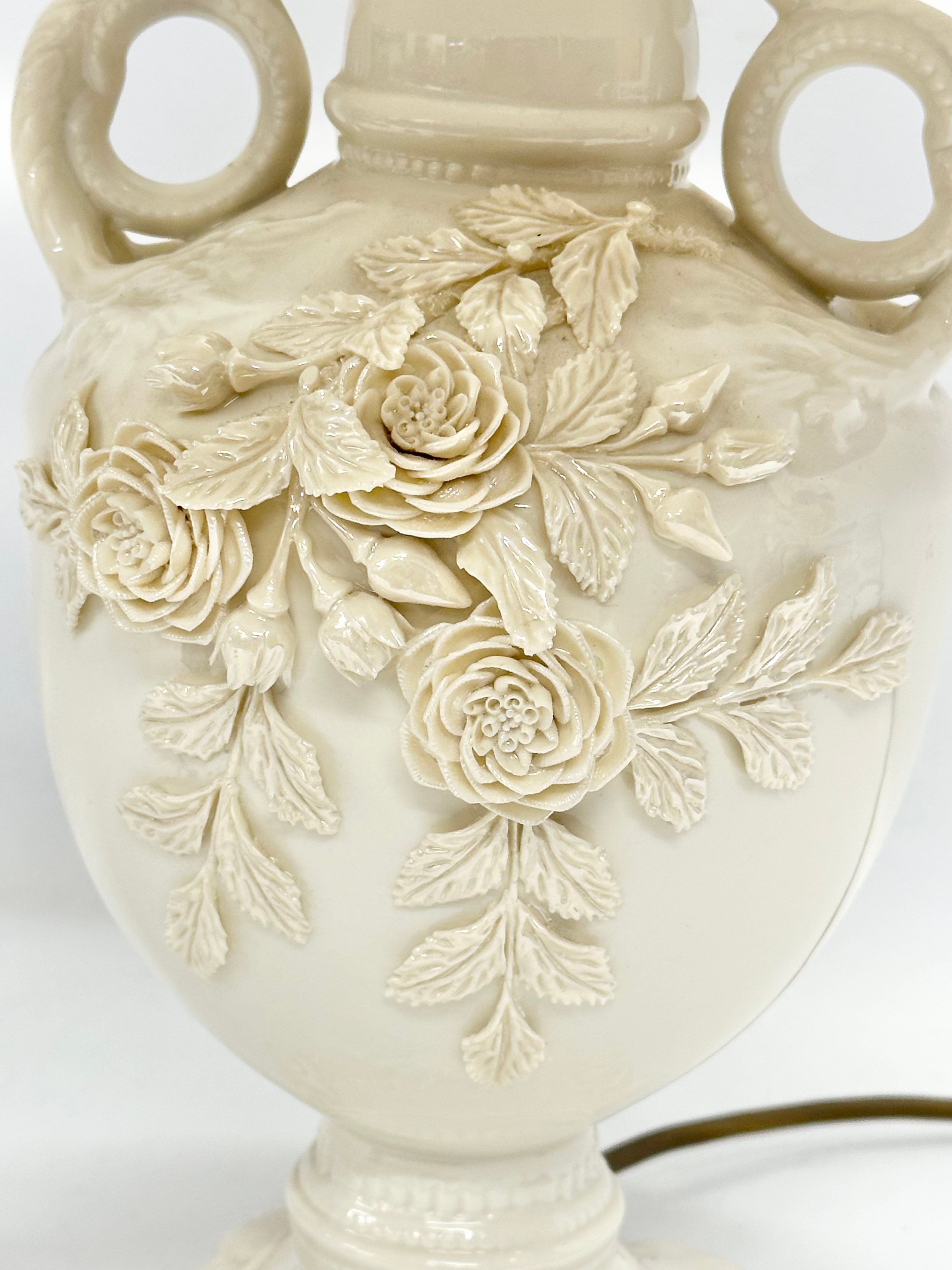 An Irish Late 20th Century Belleek Pottery ‘Rose Isle’ table lamp. Brown stamp. Base 16x33cm. - Image 3 of 4