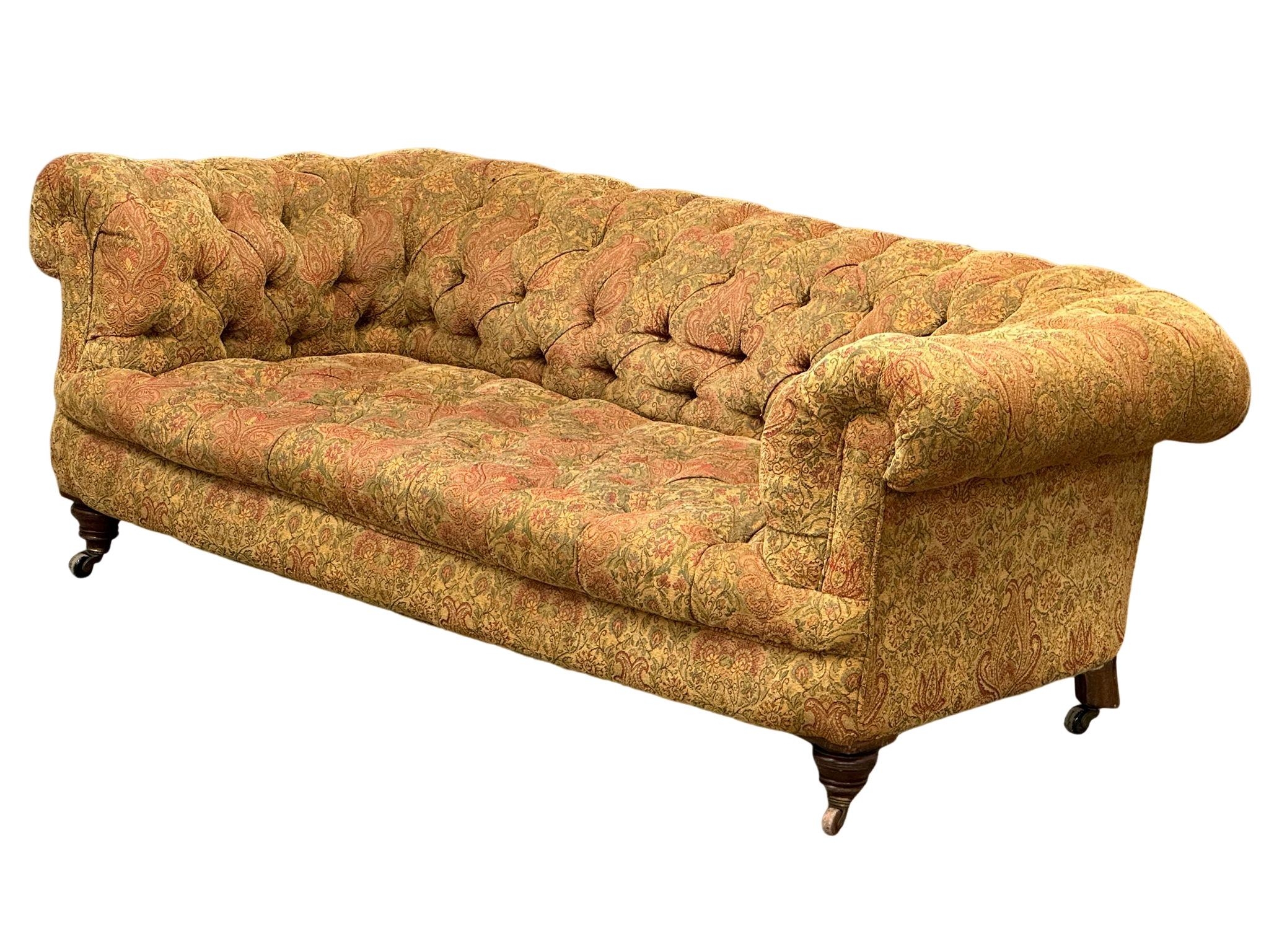A superb quality large late 19th century Victorian deep button chesterfield sofa, on turned walnut - Image 2 of 6