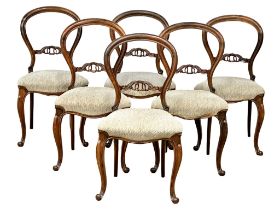 A set of 6 Victorian rosewood balloon back dining chairs on cabriole legs. 1860.