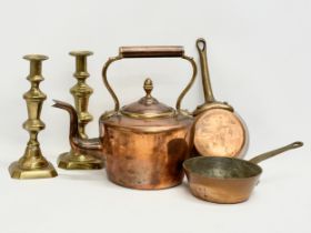 A quantity of Victorian copper and brass. Victorian kettle 30x20x30cm. A pair of Victorian brass