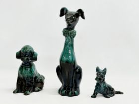 3 pieces of Blue Mountain pottery. Largest dog 33.5cm