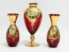 3 pieces of Venetian Murano ruby glass and gilt vases. 21cm