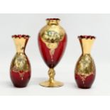 3 pieces of Venetian Murano ruby glass and gilt vases. 21cm