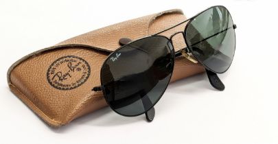 A pair of Ray Ban Aviator sunglasses in case.