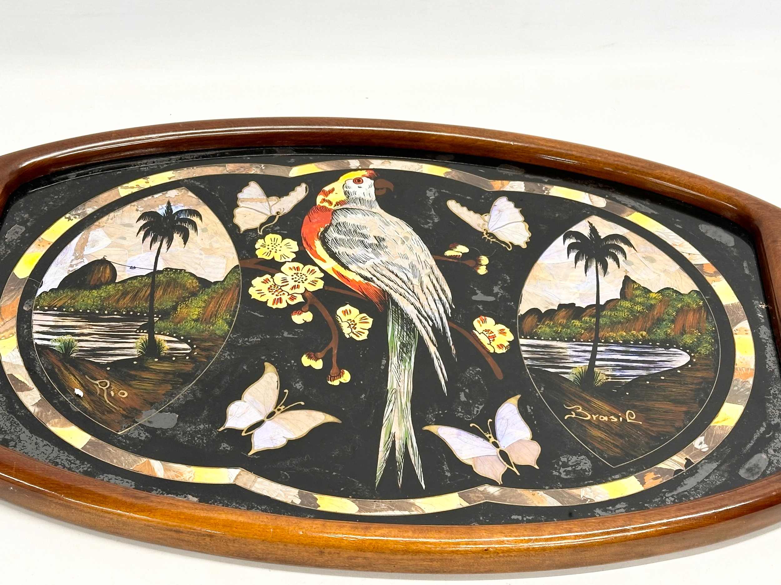 A Mid 20th Century Brazilian serving tray with Mother of Pearl parrot and butterfly design. 70x41cm - Image 3 of 7