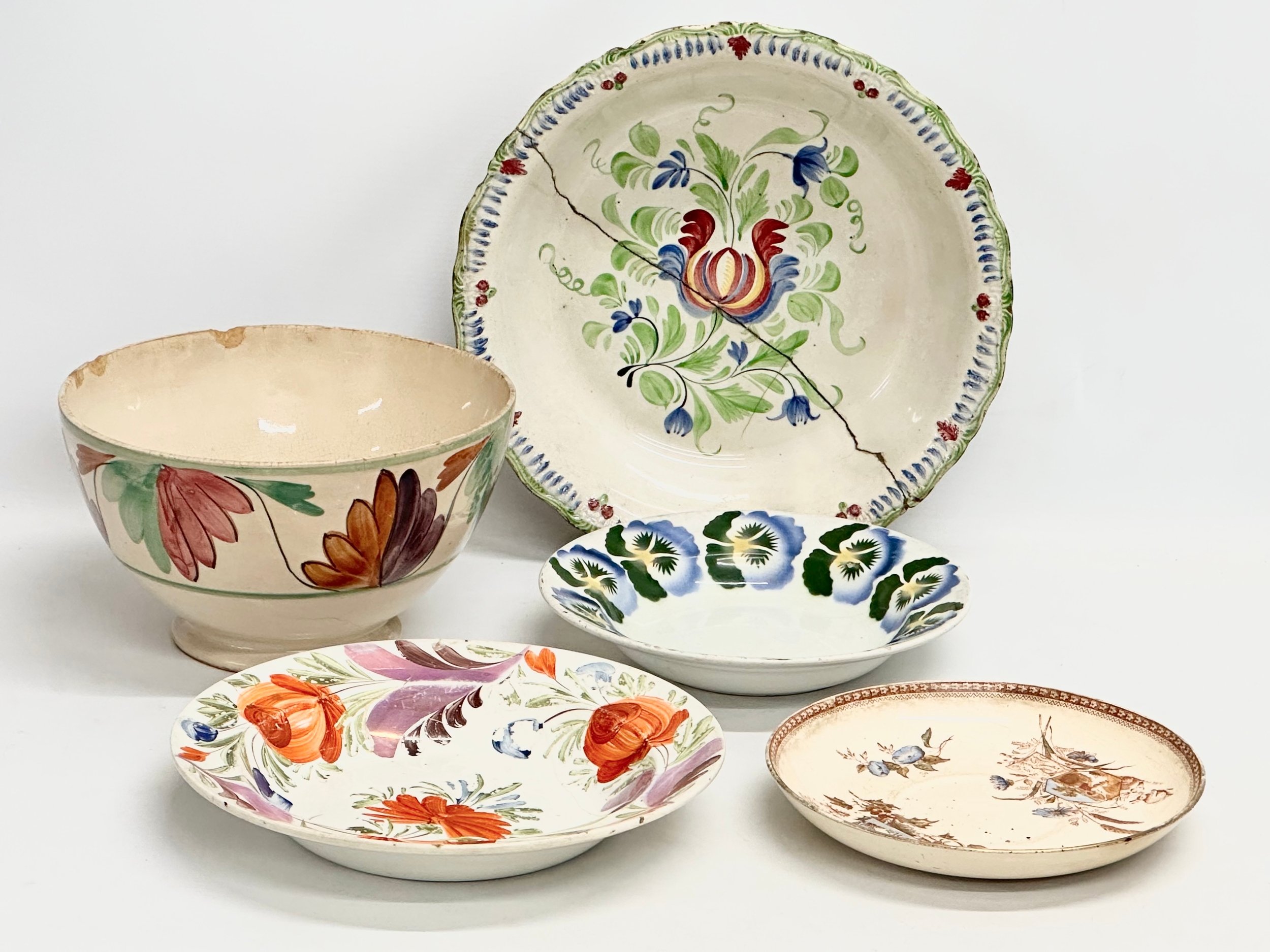 A collection of early/mid 19th century earthenware pottery. Large Italian bowl 30x6.5cm, circa
