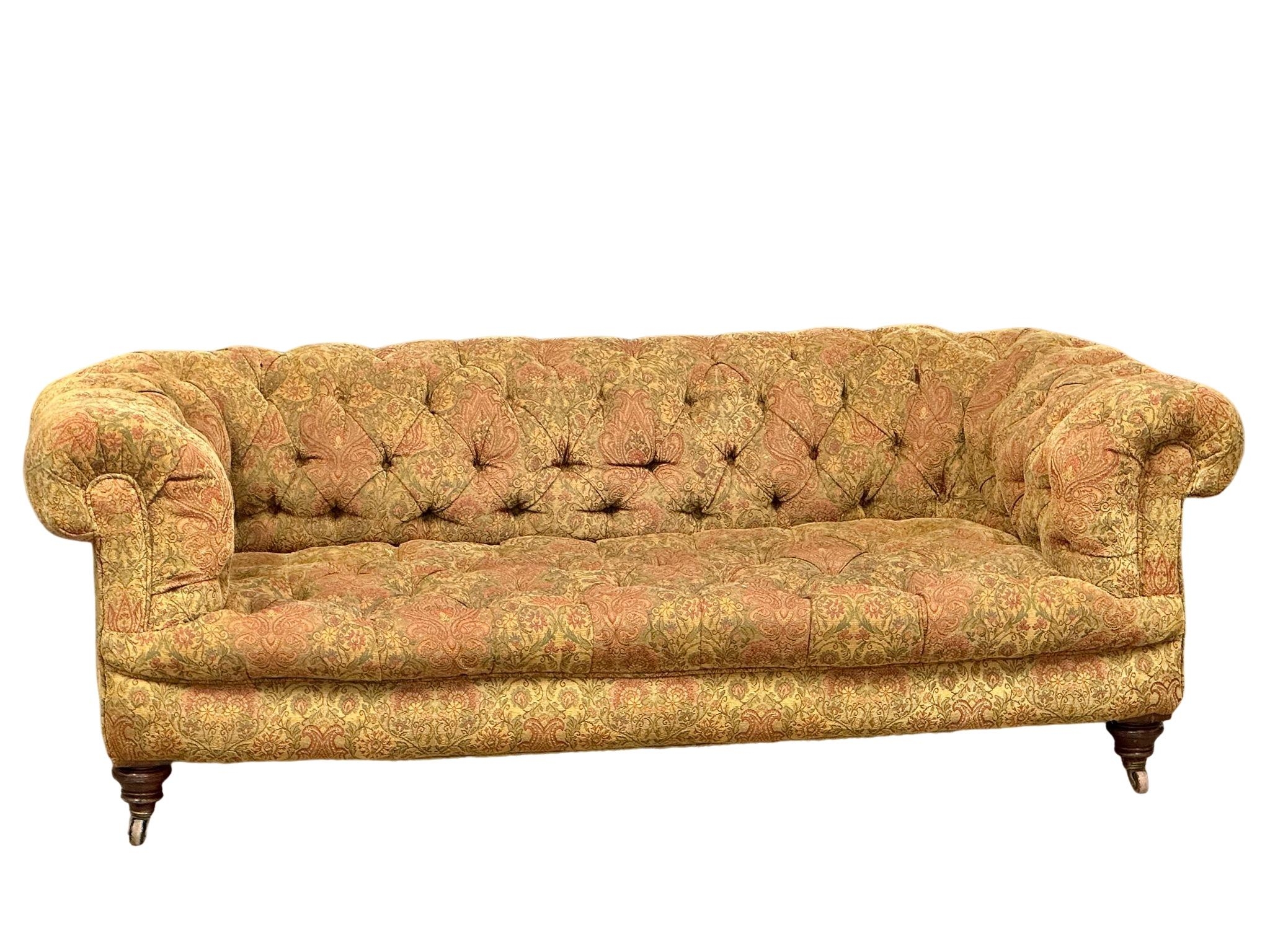 A superb quality large late 19th century Victorian deep button chesterfield sofa, on turned walnut - Image 4 of 6