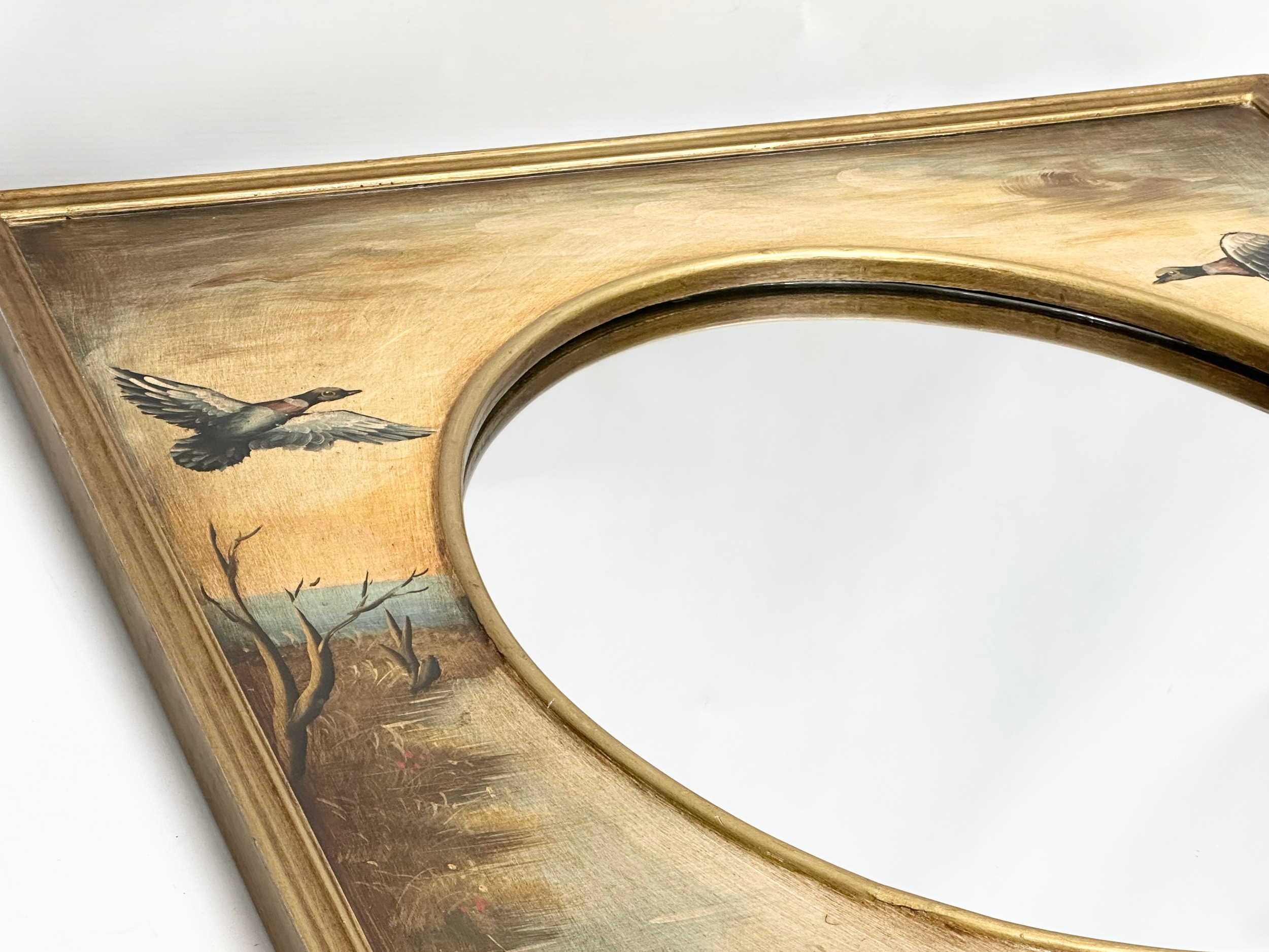 A large good quality gilt framed mirror with painted ducks and birds in flight. 77x88cm C - Image 3 of 3