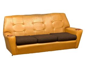 A Mid Century faux leather 3 seater sofa with teak padded arms. 1970’s. 184cm