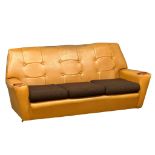 A Mid Century faux leather 3 seater sofa with teak padded arms. 1970’s. 184cm