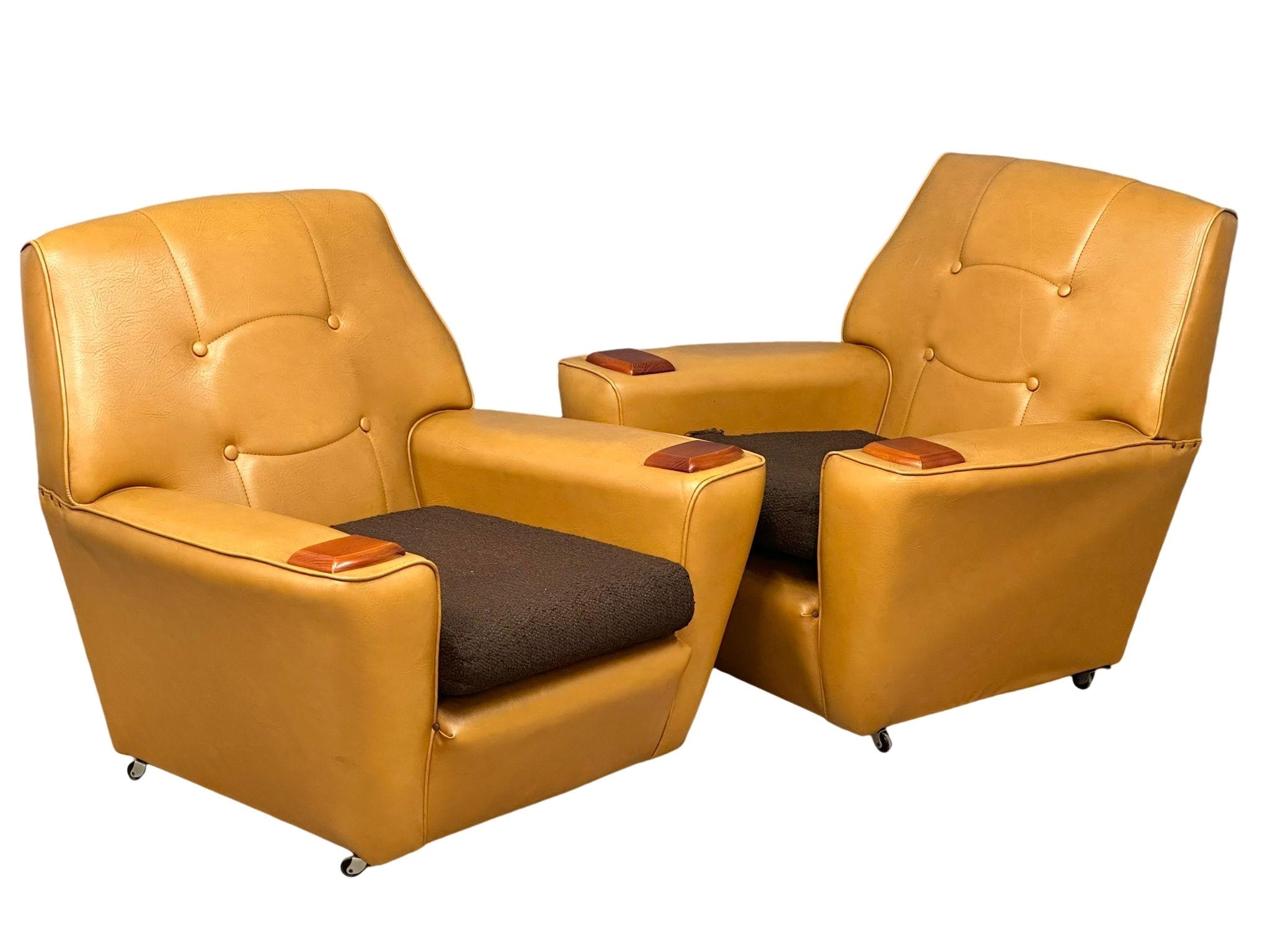 A pair of Mid Century faux leather armchairs with teak padded arms. 1970’s. - Image 3 of 4