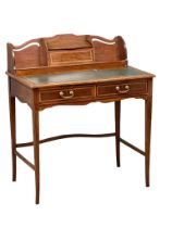 An Early 20th Century Sheraton Revival inlaid mahogany leather top writing table. 84x53.5x99cm