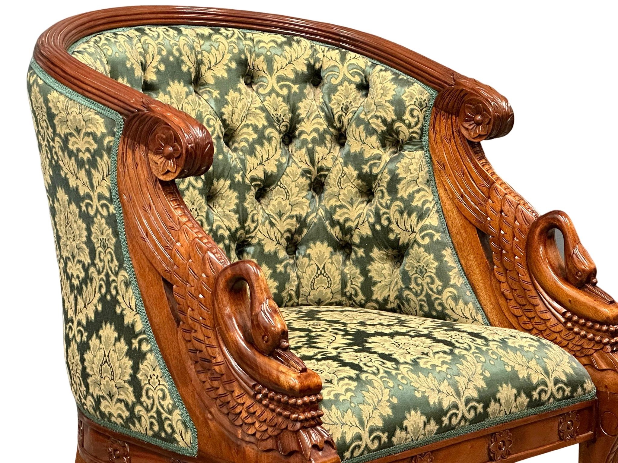 A French Empire style carved swan design 2 piece suite. Tub chair and 2 seater sofa. 126cm - Image 3 of 8