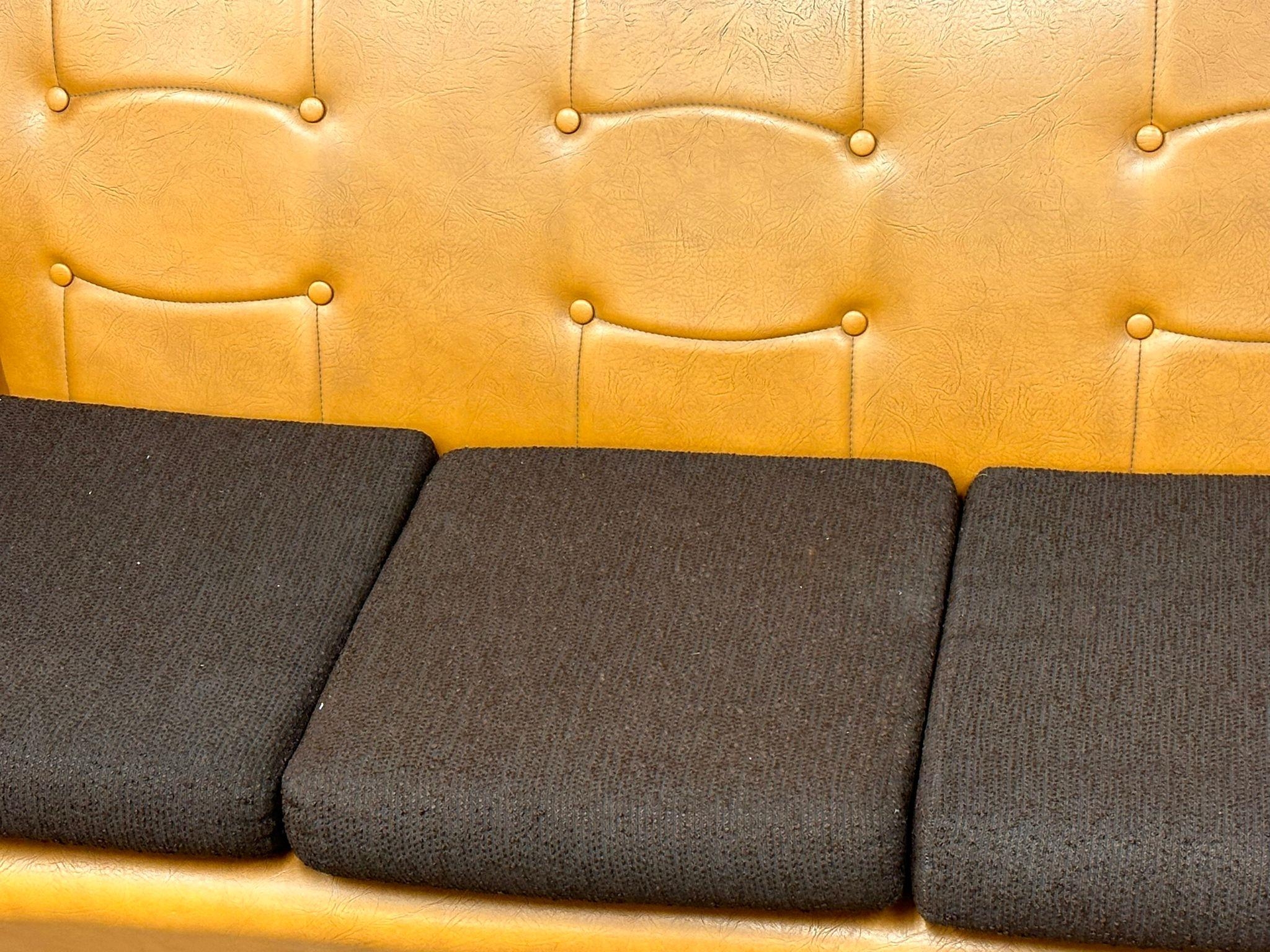 A Mid Century faux leather 3 seater sofa with teak padded arms. 1970’s. 184cm - Image 3 of 6