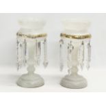 A pair of Victorian Milk Glass lustres with cut glass droplets. 16x30cm