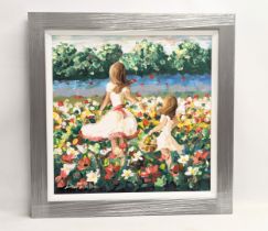 A large oil painting by Lorna Millar. Titled 'Picking Wild Flowers With Mum.' 59.5x60cm. Frame