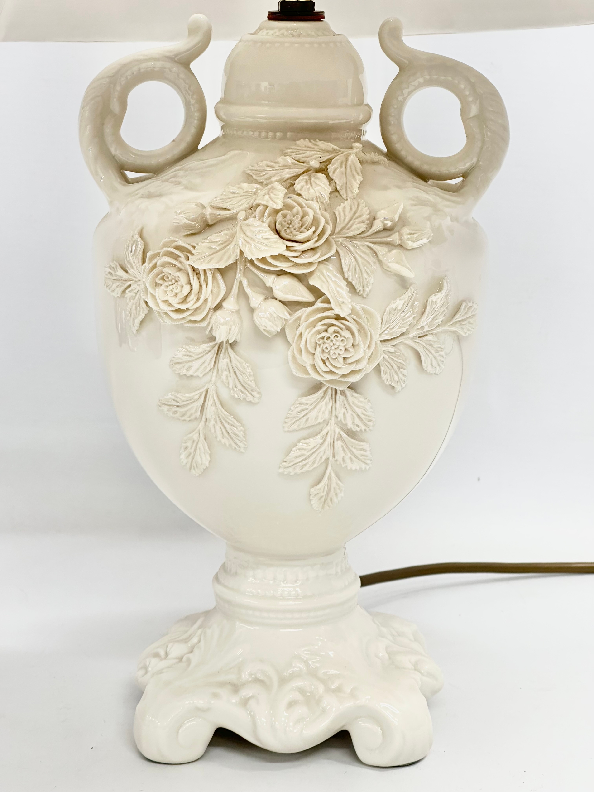 An Irish Late 20th Century Belleek Pottery ‘Rose Isle’ table lamp. Brown stamp. Base 16x33cm. - Image 2 of 4