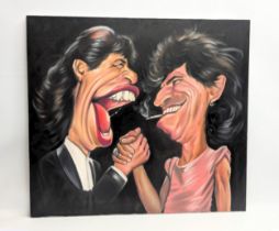 A large oil painting on canvas of Rolling Stones, Mick Jagger and Keith Richards. 89.5x80.5cm