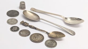 A quantity of 19th Century / 20th Century silver items, including coins (1873, 1902 1907, 1918,