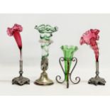 4 Late 19th Century glass epergne vases on silver plated stands. A good quality green frilled rim