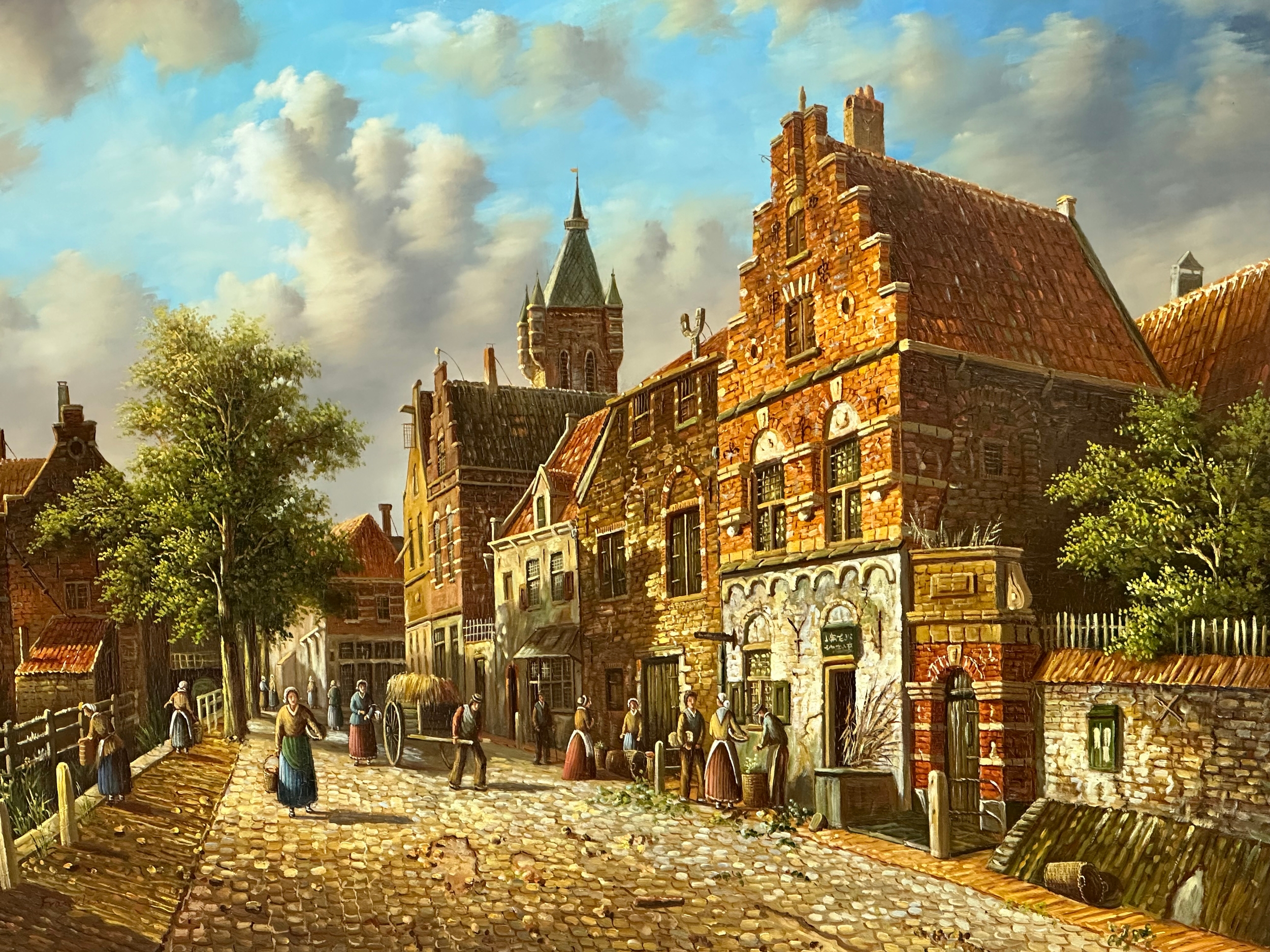 A large oil painting on board by Franklin. Dutch Street Scence. 101x75.5cm. Frame 121x96cm - Image 3 of 4