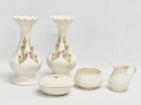 5 pieces of Belleek Pottery. Vases 21cm