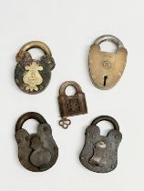 4 Victorian heavy padlocks with an Early 20th Century Yale padlock. Improved Patent Tumbler etc.