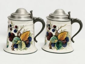 A pair of very large Early/Mid 20th Century Italian enamelled tankards with pewter lids. Mancioli