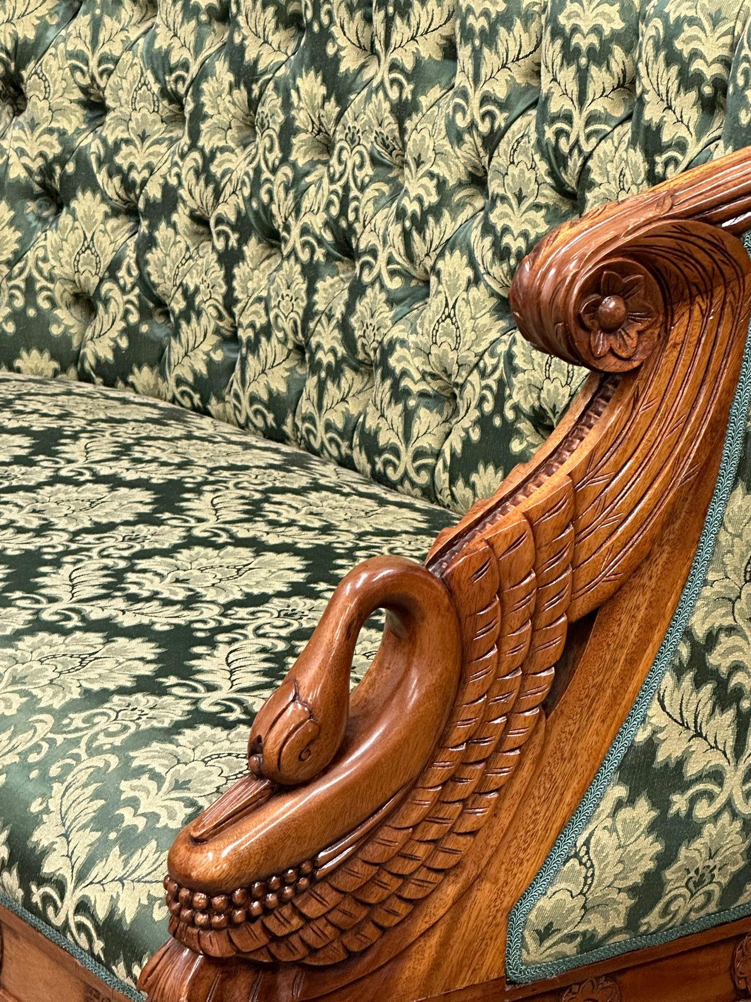 A French Empire style carved swan design 2 piece suite. Tub chair and 2 seater sofa. 126cm - Image 6 of 8