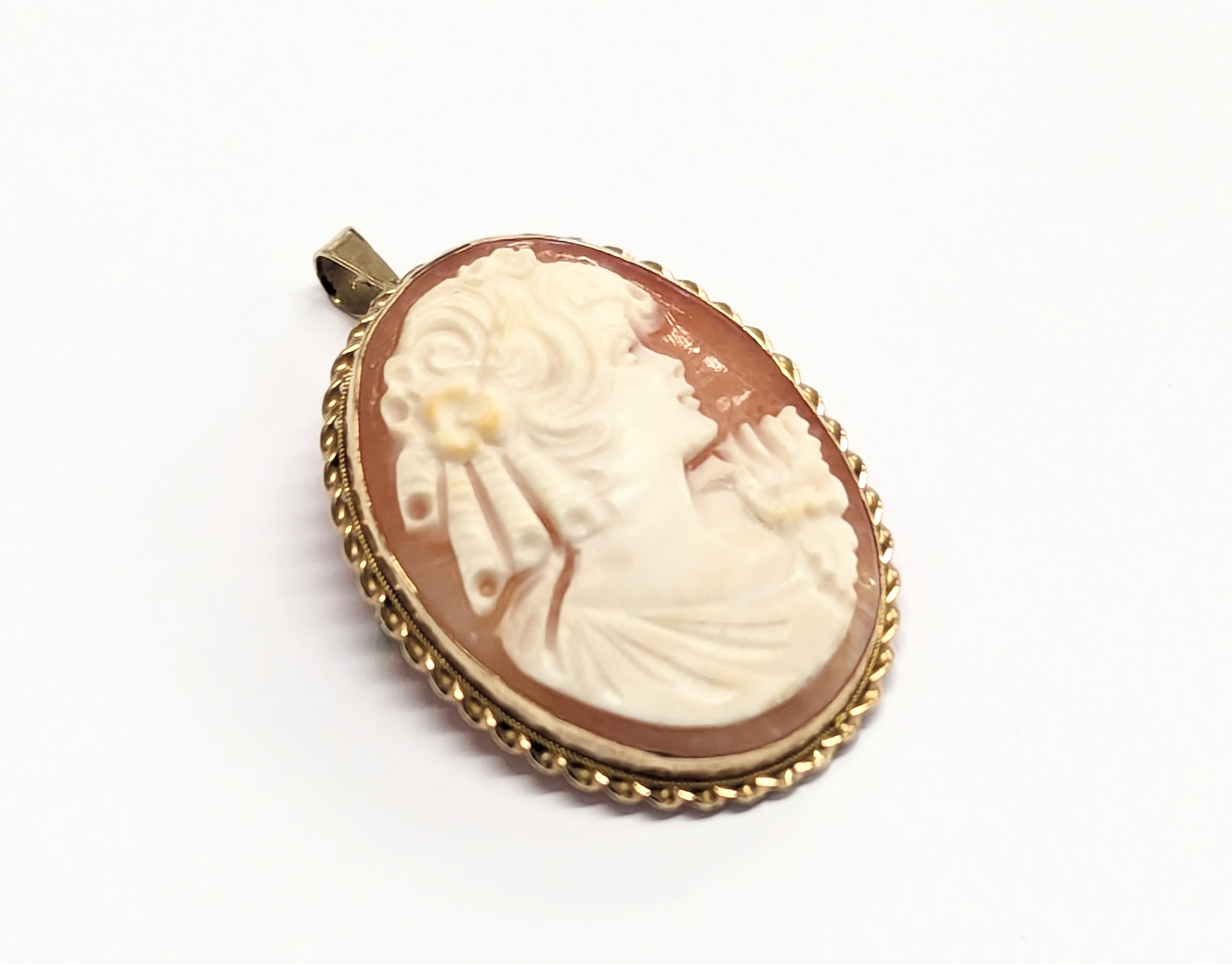 A vintage 9ct gold cameo brooch/pendant. 2.5x4cm. Total weight 6.4g.