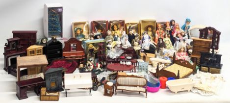 A large collection of vintage doll house furniture, including dolls, accessories, etc.